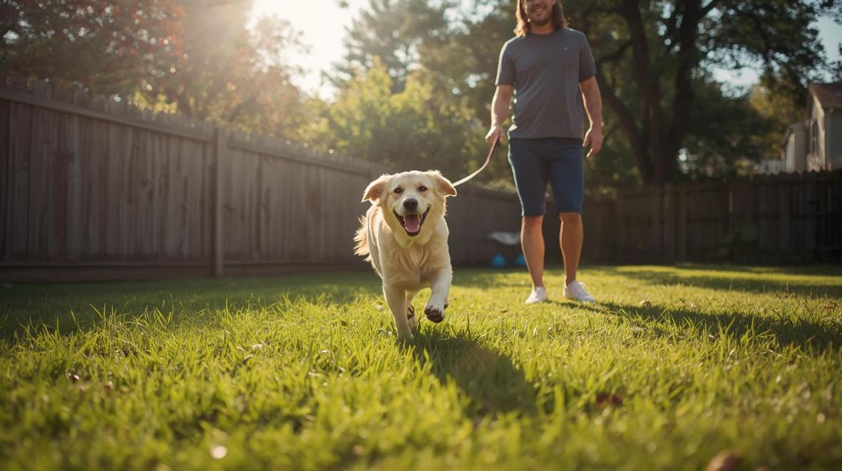 Golden retriever running happily in sunny Buffalo backyard while owner watches proudly nearby.